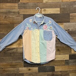 Styles to Go Colorful Embroidered Button-Up Shirt with pastel patchwork